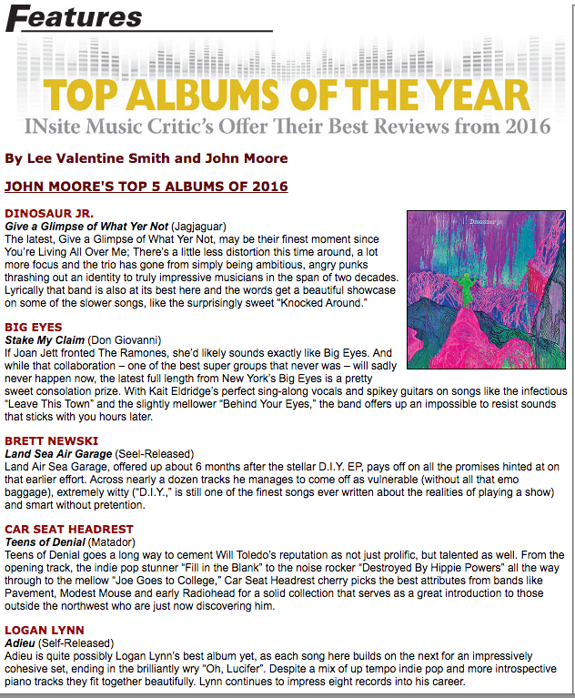 INsite Magazine Top 5 Albums of 2016 - Logan Lynn - ADIEU